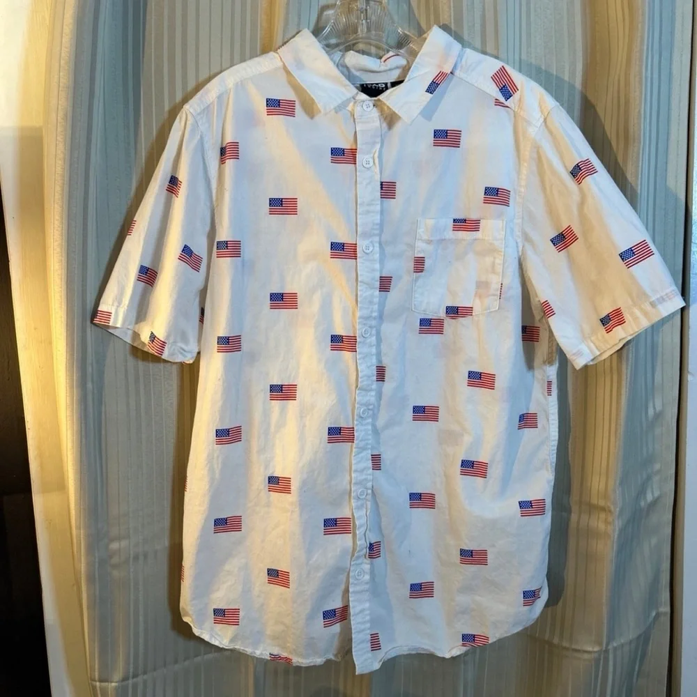 White Short-Sleeve Button-Up Shirt with Flag Print - Picture 1 of 5